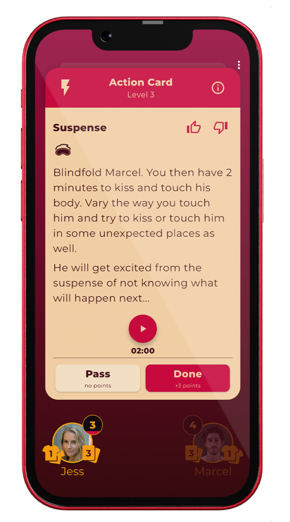 Screenshot of a Level 3 action card in Love & Lust – a truth or dare game for couples. Instructions: blindfold your partner, kiss and touch them in unexpected places for 2 minutes.