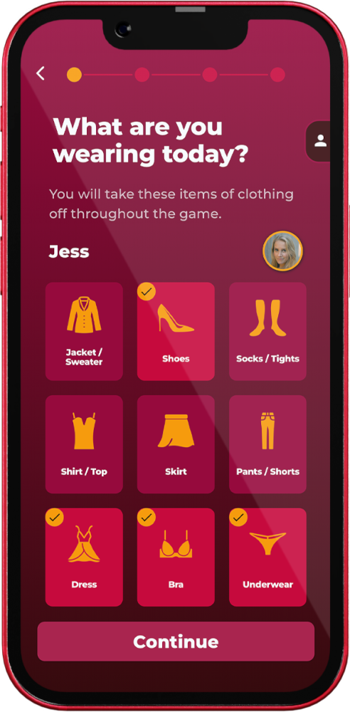 Screenshot of clothing selection screen in Love & Lust couples game app